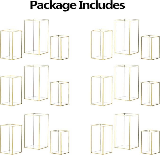 Hewory Glass Hurricane Candle Holder Set of 18, Gold Large Hurricane Centerpiece for Table, Tall Floor Square Pillar Candle Holders Lantern Set for Wedding, Anniversary, Party, Fireplace, Dining Room