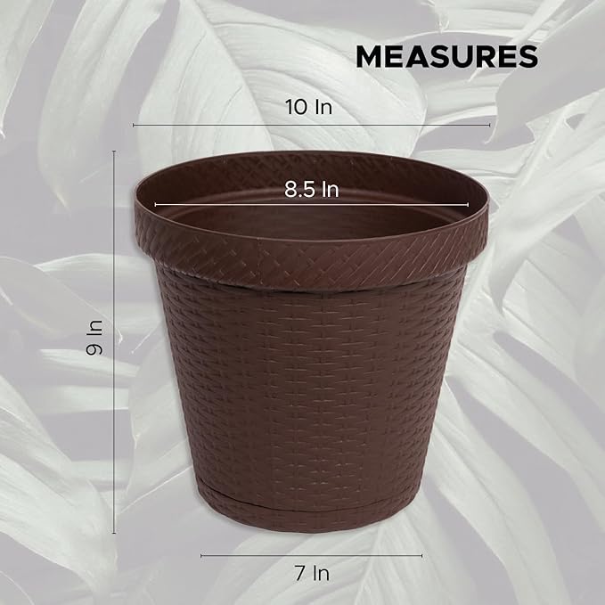 Elly Décor Set of 2 10 inch Round Saucer Modern Self Watering Planter Plates, Pots with Rattan-Like Finish, 10x10 chococlate Brown