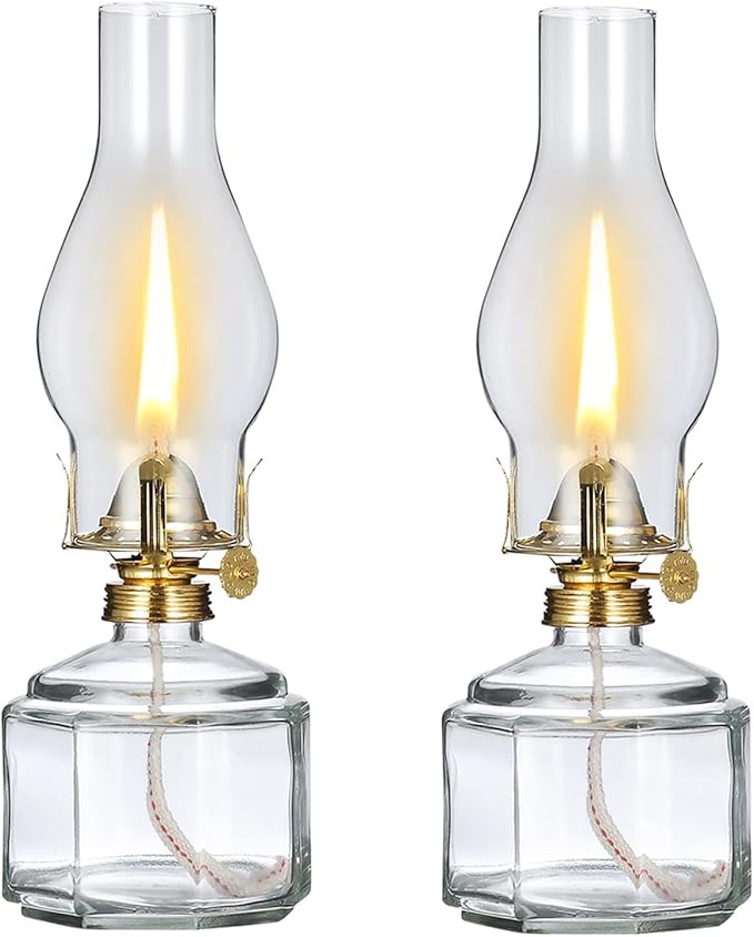 Set of 2 Vintage Large Kerosene Lamp Classic Rustic Oil Lamps for Indoor Use Home Decor Clear Glass Kerosene Hurricane Lantern for Tabletop Decor Emergency Lighting Oil Lantern 11.4 Inch