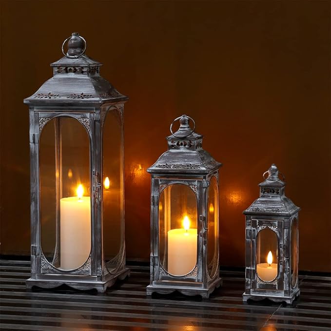 TRIROCKS Set of 3 Vintage Candle Lanterns 10/14/19.5''H Decorative Outdoor Lantern Metal Candle Holder with Tempered Glass for Home Living Room Garden Yard Parties Event Indoors Outdoors (Cement Grey)