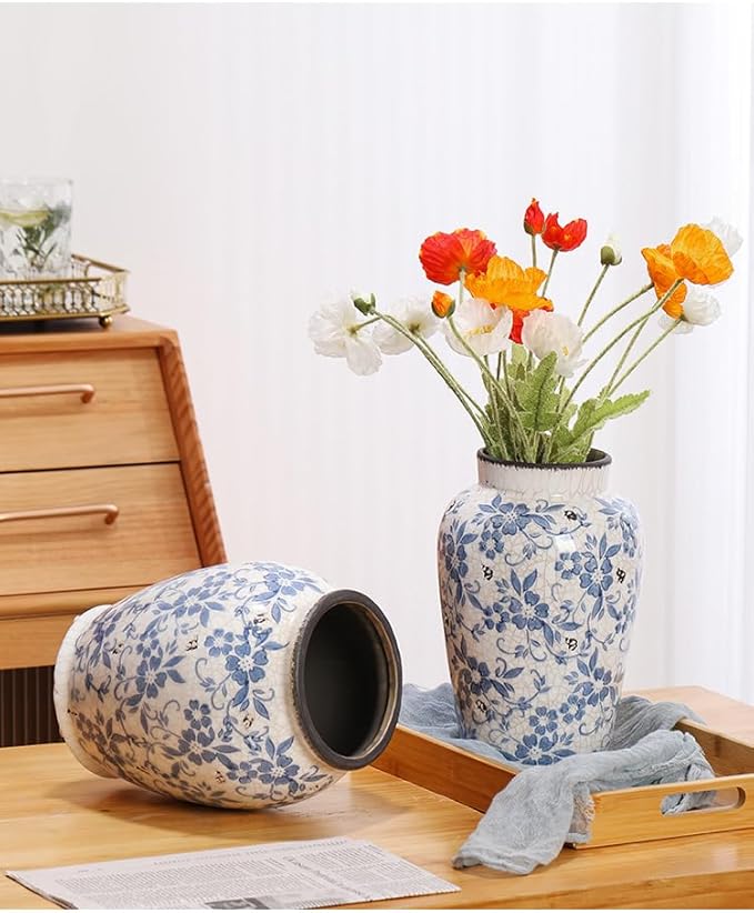 Decorative 10 inch Ceramic Flower Vase, Blue and White Floral Pattern, Crackle Glaze Finish
