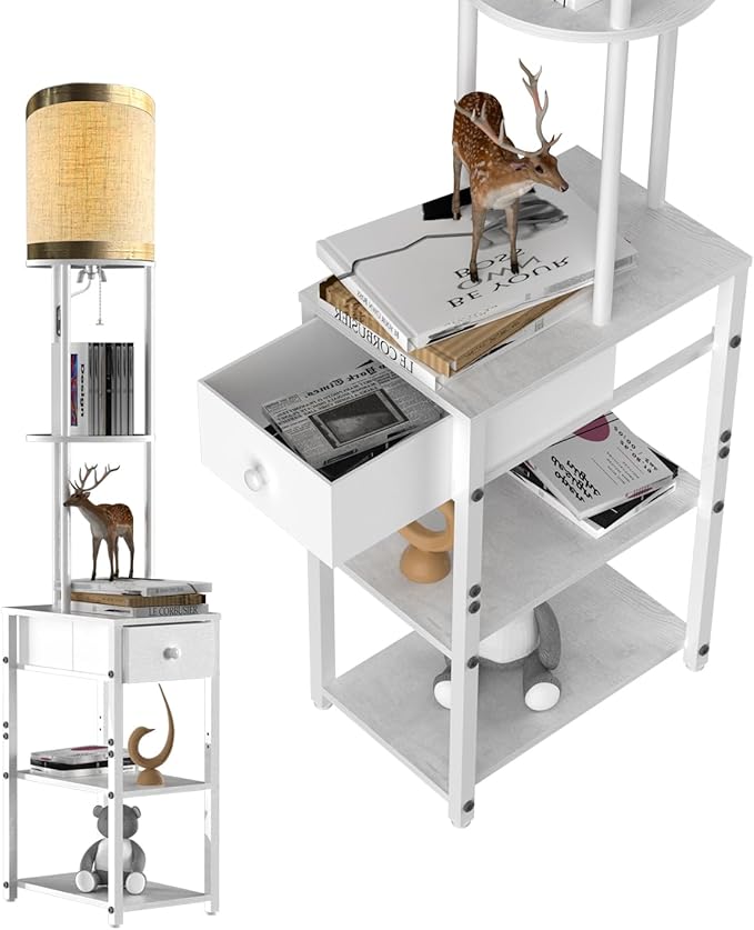 Lightdot 65IN Floor Lamps with Storage Table&Drawer, Corner Shelf Lamps with White End Table and Fabric Lampshade, Modern Standing Tall Lamp for Living Room/Bedroom/Office(E26 LED Bulb Included)