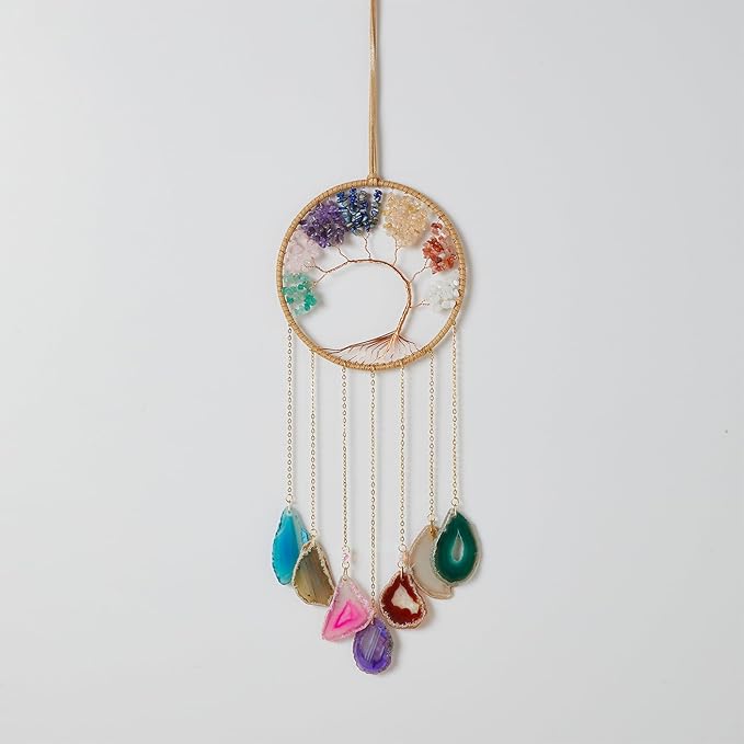 Rainbow 7 Agates Gemstone Dream Catcher 7 Chakras Tree of Life Dream Catcher with Healing Crystal Stones Handmade Dreamcatcher Wall Decor for Adults Boys Girls,Bedroom,Wedding,Garden,Bless Gift