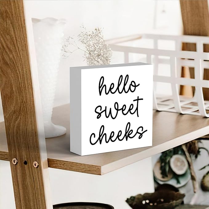 Hello Sweet Cheeks Bathroom Decor, Funny Bathroom Signs Decoration, Black and White Bathroom Decoration, Bathrooms Decor for Shelves, Wooden Box Decoration Sign for Home Farmhouse Living Room Table