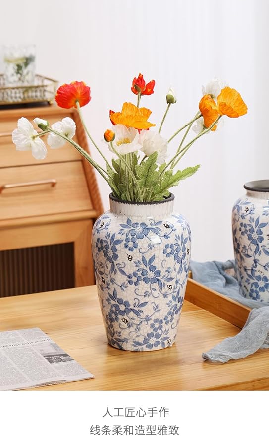 Blue and White Floral 10inch Ceramic Flower Vase, Traditional Chinese Style, Decorative Porcelain Container