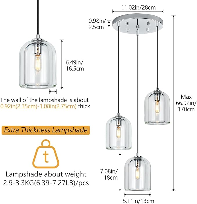 Modern Chrome Pendant Lights Kitchen Island Ceiling Chandelier Indoor Crystal Hanging Light Fixtures for Dining Room Kitchen Living Room Bedroom（3Light）