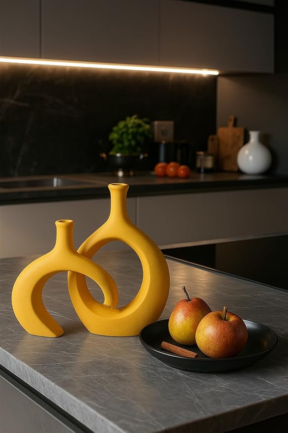 WUBIANJIE Yellow Ceramic Vase - Modern Boho Decor, Mustard Yellow, Round, Anti-Slip Base, Perfect for Living Room, Bedroom, Bathroom