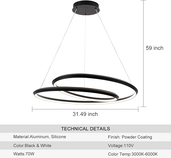 Pendant Light Fixtures with Irregular Ring, 31.49″Black Dining Room Light Fixture Dimmable Color 3000K-6500K, High Ceiling Chandelier Foyer Chandelier for Dining Room, Living Room, Bedroom