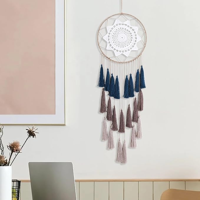 Macrame Dream Catcher Wall Hanging - Large Dreamcatchers Boho Chic Wall Decor, Handmade Tassels Ornament Colorful Room Decor for Bedroom, Blessing Gift for Girls Kids Women (Blue Mix)