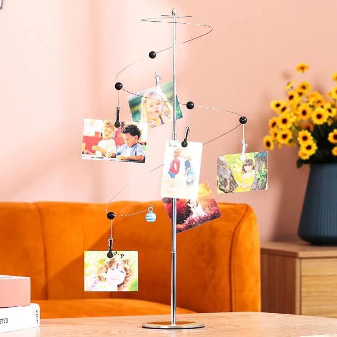 Mollytek Desktop Photo Holder With Clips - Postcard Gift Card Picture Display Stand - Spiral Romantic Design Photo Tree for Table Decor With Plated Wire and 6 Metal Clips