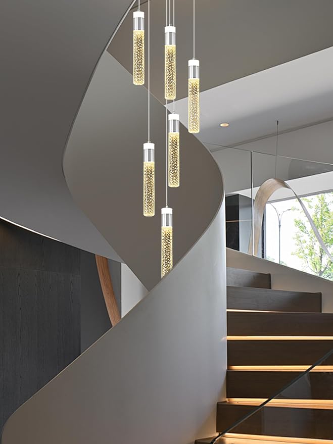 6-Light Silver Modern Crystal Raindrop Chandelier for Dining Room Entrance Long Crystal Bubble Column Chandelier for High Ceiling Lighting Fixtures LED Lampara, 3000k-6000K