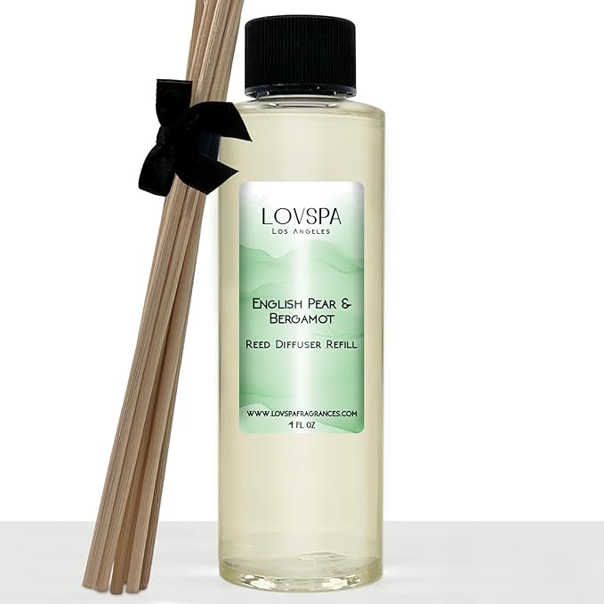 LOVSPA English Pear & Bergamot Diffuser Oil - Luxury Essential Oils for Diffuser Refill & Air Freshener Room Spray - Long-Lasting & Natural Home Fragrance, Scented Oil for Diffusers, USA Made, 4oz
