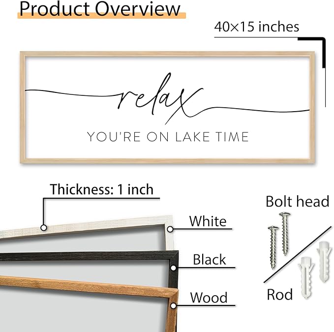 SRSZHIYUE Relax You're On Lake Time Wall Decor Above Bed Sign 40"×15" for Lake House Bedroom Over Bed Large Wood Framed Hanging Art (Wood)