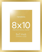 Homeforia 8x10 Picture Frame Gold, High End Metal 8 x 10 Photo Frames with Mat 5 by 7 Art, 10x8 Poster Frame Matted to 5x7 inch Print, 8by10 Wall or Tabletop Frames, Tempered Glass, Wall Kit, Set of 1