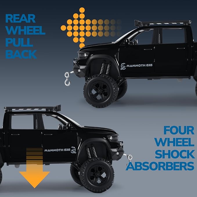 Toy Trucks for Boys 1/32 Diecast Trucks Mammoth Model Truck,Collectible Pickup Truck Model Kit,Pull Back Cars with Lights and Sounds,Toy Trucks for Boys Age 4-7（Black）