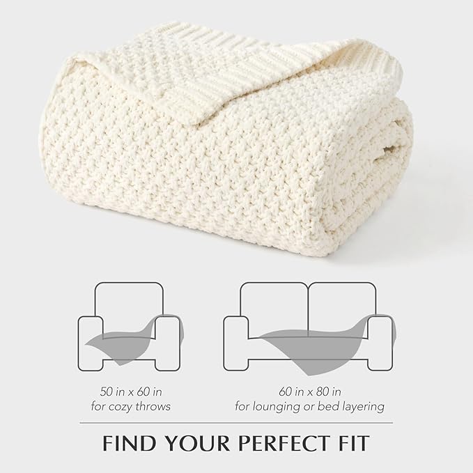 Chunky Chenille Knit Throw Blanket for Couch, Soft Luxurious Moss Stitch Blankets for Bed, Cozy Decorative Farmhouse Knitted Throws for Sofa, Ivory White, 60" x 80"