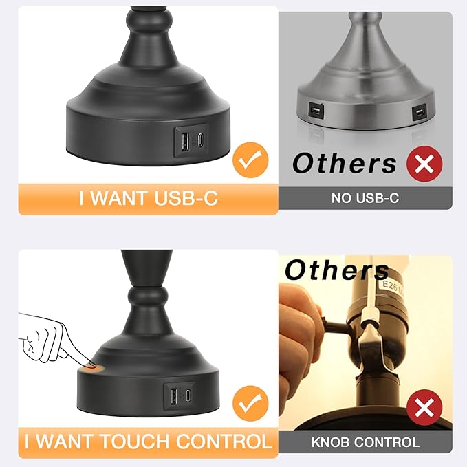 Beige Lamps for Bedrooms Set of 2 - Touch Control Bedside Lamp with USB C+A, 3 Way Dimmable Nightstand Lamps with USB Port, Table Lamp for Living Room(Beige Shade and Black Base)