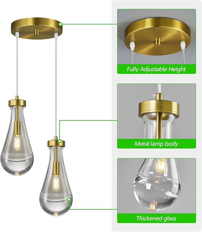 Raindrop Pendant Lights Kitchen Island Teardrop Gold Hanging Light Fixtures Clear Solid Glass Pendant Light Modern Chandeliers for Dining Room Porch Corridor Living Room(2-Light)