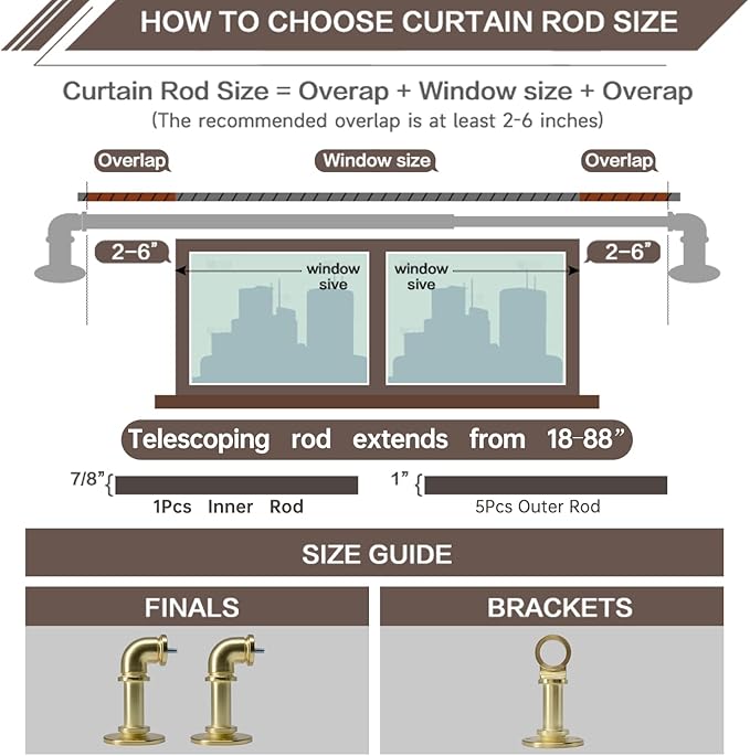 Brushed Gold Curtain Rods 18 to 88 in,Wraparound Curtain Rods,Adjustable Length,1 in Diameter Pipe,Wall or Ceiling Mounted,for Bedroom and Living Room (Brushed Gold 18” to 88”)