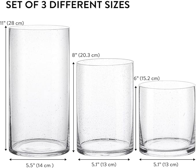 ELIXIR GLASSWARE Glass Candle Holder - Large Hand Blown Bubble Hurricane Pillar Candle Holders - Perfect for Centerpiece or Vase - Clear Hurricanes for Tall Candles - Set of 3