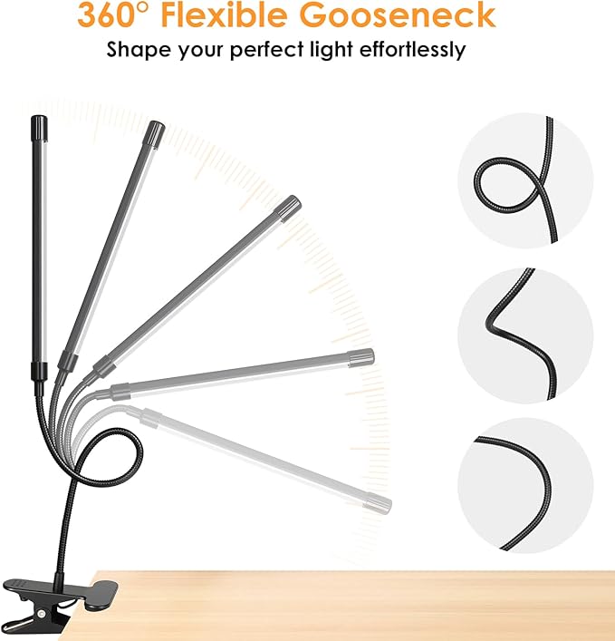 ShineTech 3-Head LED Desk Lamp with Clamp, Eye-Caring Clip-on Light for Home Office, 4 Color Modes & 6 Brightness Levels, 360° Flexible Gooseneck Desk Lights for Dorm Room, Reading, Nail, Black