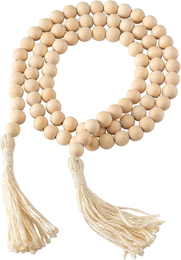 DECORKEY Wooden Beads, 58 Inch Farmhouse Wood Beads Garland for Boho Decor with Tassels, Rustic Country Decor for Coffee Table, Home, Living Room, Bedroom