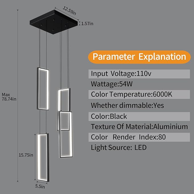 Modern Kitchen Island Dimmable Pendant Light Fixture Black 54W LED Pendant Lights 4 Rings Rectangular Chandelier Staircase Large Chandelier Lobby Living Room Foyer High Ceiling Chandeliers