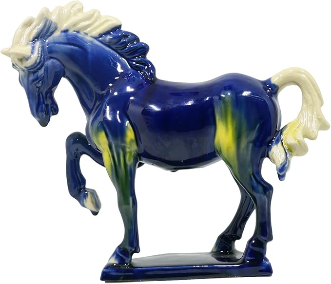 Ceramic Horse Sculpture -8 inch Hand Made Tri-Color Cultural Art Piece,Museum Collection Inspired Home and Office Decor (Blue)