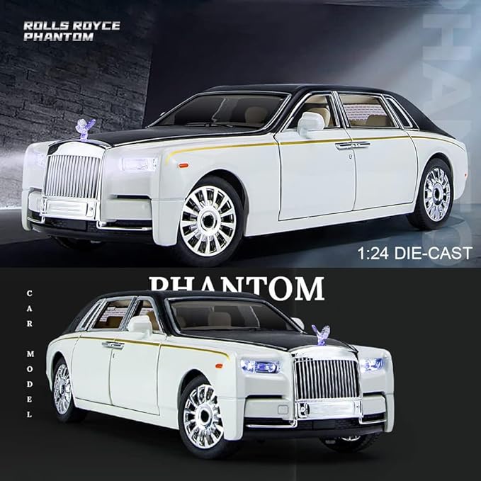 EROCK 1/24 Diecast Car Model Rolls-Royce Phantom Toy Car, Alloy Collectible Phantom Replica Pull Back Model Car Vehicles with Sound and Light for Kids Boys Girls Birthday Gift
