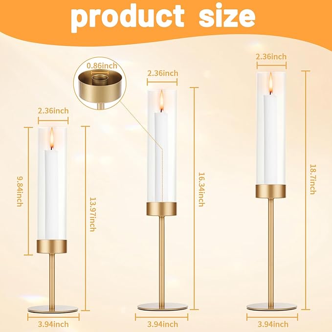 Gold Candle Holders Set of 6 for Glass Taper Candle Holders,Hurricane Candlestick Holder for Wedding, Dinning, Party Decorative, Home Decor, Anniversary，6 Brass