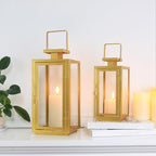 DECORKEY Fall Christmas Golden Decorations for Home, 17''&13'' Metal Candle Lanterns Decorative Outdoor&Indoor, Modern Hanging/Tabletop Candle Holders for Porch Patio Wedding Decor