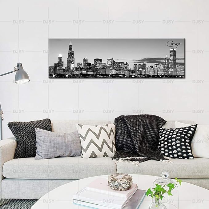 DJSYLIFE Chicago Skyline Wall Art - Black and White Modern Panoramic Cityscape Night View Picture Painting Bedroom Office Living Room Kitchen Home Decoration - Ready to Hang 13.8 "x 47.3" - Chicago 2