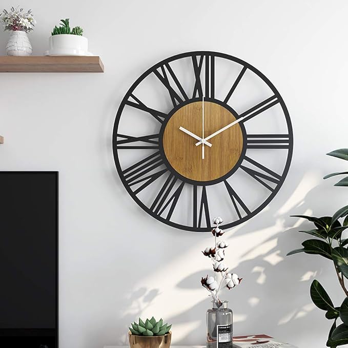1st owned Wall Clocks for Living Room Decor,13" Vintage,Round Silent Non Ticking,Black Metal,Modern Wood Clocks for Home Bedroom,Kitchen,Garden,Office,Cafe,Modern Wall Decoration -Roman Numerals