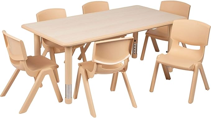 Flash Furniture Emmy Adjustable Classroom Activity Table with 6 Stackable Chairs, Plastic Activity Table for Kids, 23.625" W x 47.25" L, Natural