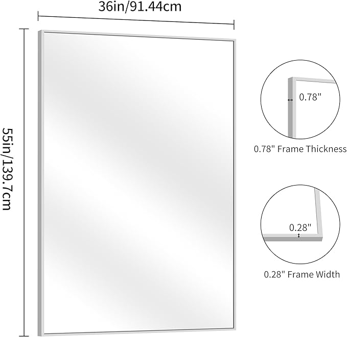 YIROMAN Bathroom Mirror 55"x36", Large Brushed Silver Bathroom Mirror for Over Sink with Aluminum Frame, Rectangular Vanity Mirror with Right Angle, Wall Mirror Hangs Horizontal or Vertical