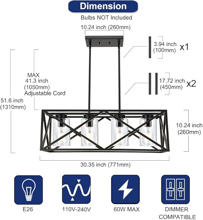 TODOLUZ 30.35” Dining Room Lighting Fixtures Hanging Black Finish 4-Lights Open Frame Farmhouse Chandelier Pendant Light for Kitchen Island Pool Table with Clear Glass
