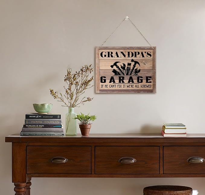 BQL Rustic Wood Sign, Father's Day Gift, Grandpa's Gift, Decor Hanging Wood Sign, 8X10inch, Printed Wood Wall Art Sign, Grandpa's Garage, If He Can't Fix It We're All Screwed