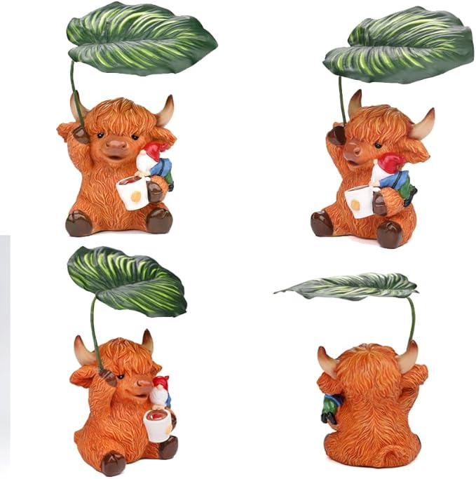 Garden Gnome with Highland Cattle 6.5“ Figurine Ornament for Indoor Outdoor Home Patio Yard Lawn, Red Hat, Blue Outfit, Indoor Outdoor Decorative Statue