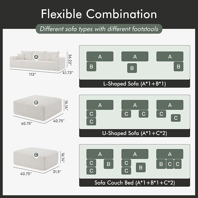 Boneless Sectional Cloud Couch Sofa for Living Room, 112" U-Shaped Modular Modern Lounge Sleeper Beige Couches with Chaise, No Assemble, Cordury Compression Upholstered Sofas
