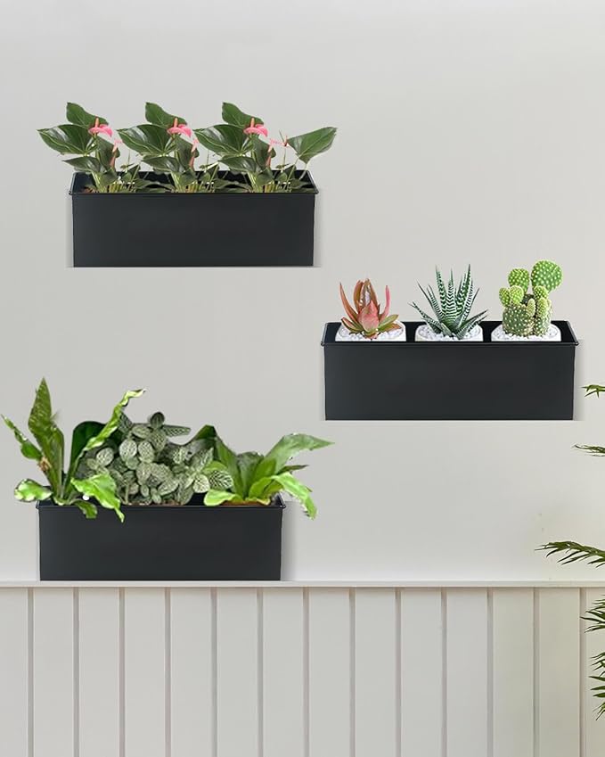 vensovo Metal Wall Hanging Planter Boxes – 12" Rectangle Flower Pots, 3 Pack with Drainage, Durable Galvanized Finish for Indoor Outdoor Balcony Fence Windowsill, Black