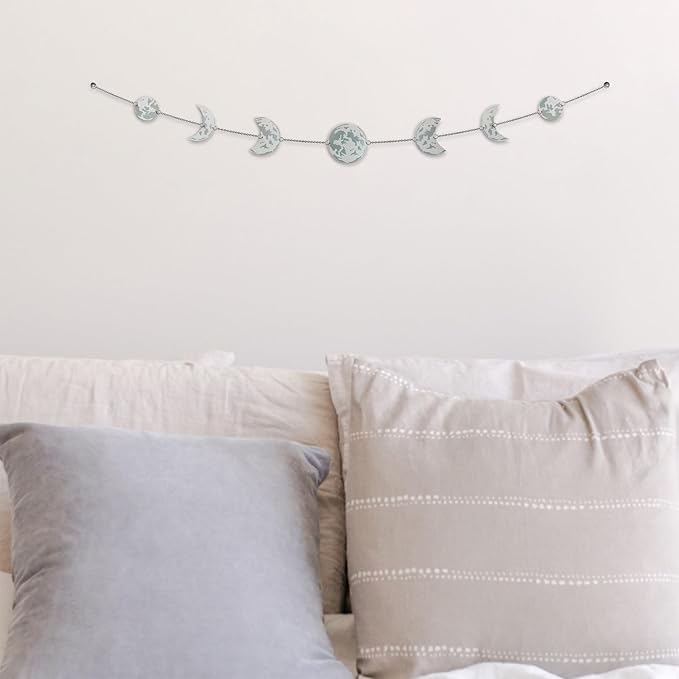 BASE ROOTS Moon Phase, White Gray Wall Decor for Bedroom & Living Room, Bohemian Wall Decor, Handmade Hammered Metal 34" 7 Phases Moon, Celestial Wall Art, Gift for Women & Kids