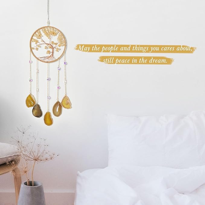 Agate Citrine Gemstone Dream Catcher 7 Chakras Gold Tree of Life Dream Catcher with Healing Crystal Stones Handmade Dreamcatcher Wall Decor for Adults Boys Girls,Bedroom,Wedding,Garden,Bless Gift