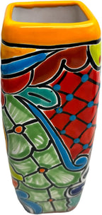 Talavera Planter Pot Square Vase Folk Art Mexican Pottery Handmade Hand Painted Home Decor Indoor Multicolor Outdoor 9.25" (Yellow Multi)