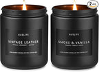 2 Pack Men Candles | Smoke & Vanilla + Vintage Leather - Scented Candles for Men - Masculines Candle - Soy Candle for Home Scented, Man Gifts, Black Jar - 7oz
