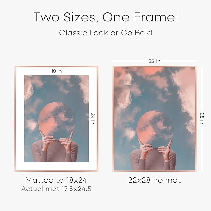 Homeforia 22x28 Rose Gold Picture Frame, High End Metal 22x28 Poster Frames with Mat 18x24 inch Photo, 22 x 28 Thin Frame Matted to 18 x 24 Print, 28x22 Large Frame, Tempered Glass, Wall Kit, Set of 1