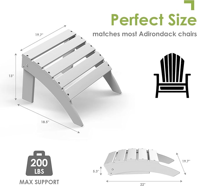 GREENVINES Adirondack-Ottoman | Set of 2 | HDPE Plastic | Outdoor Footrest | All Weather | Foot Rest | Foot Stool | White | for Adirondack Chair | for Patio Backyard Pool
