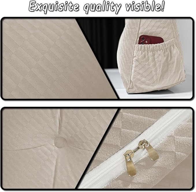 Gradient Velvet Triangular Wedge Pillow, Removable Cover Headboard Pillow for Daybed, Backrest Positioning Support Pillow Cushion Resting Reading Relaxing (Beige, King(76 * 20 * 8in))