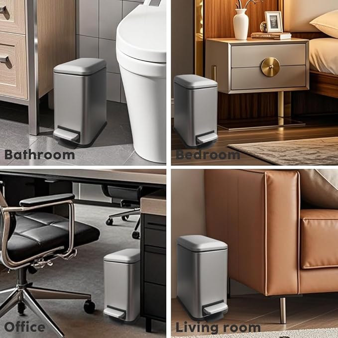 Bathroom Trash Can with Lid，5 Liter / 1.3 Gallon Small Trash Can with Removable Liner, Soft Close lid & Step Pedal, Stainless Steel Trash Bin for Bathroom,Bedroom,Home Office, Kohler Grey