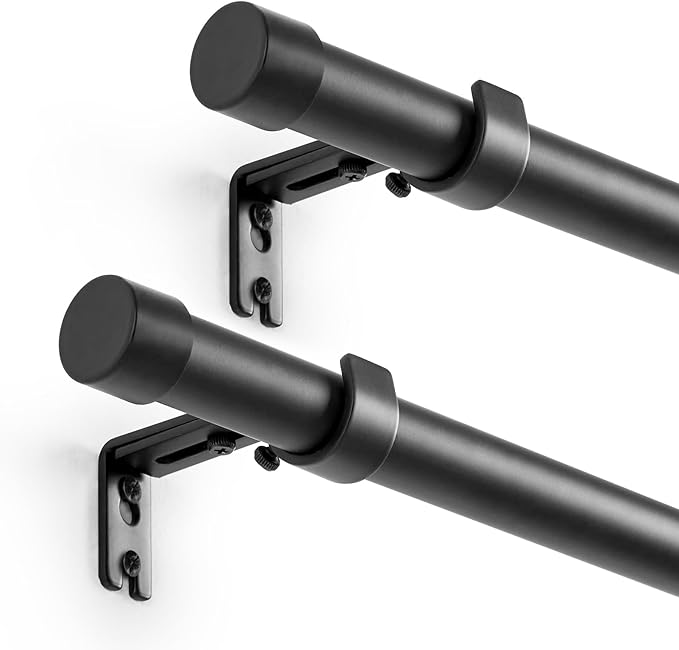 Set of 2 Black Curtain Rod 16-48 Inch Adjustable Metal Rods Small Windows Bedroom Bathroom Easy Mount Brackets Complete Hardware Set Room