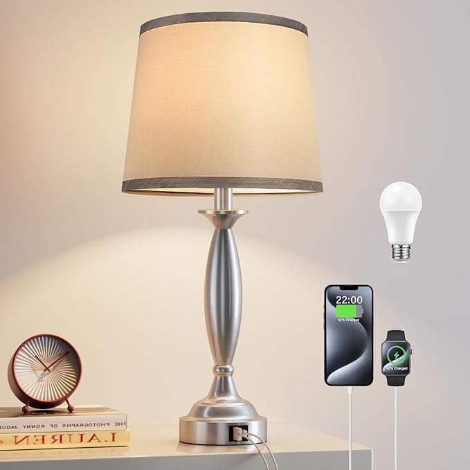 Seealle Lamps for Bedrooms - Touch Control Bedside Lamp with USB C+A, 3 Way Dimmable Nightstand Lamps with USB Port, Brushed Nickel Table Lamp for Living Room Guest Room Bed Side End Table(Single)